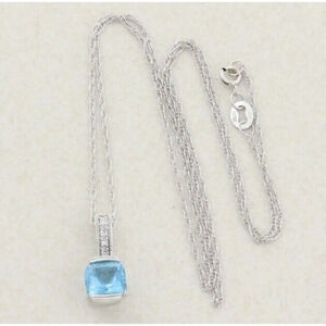 10K White Gold Natural Blue Topaz and Diamond Necklace with 18 inch chain
